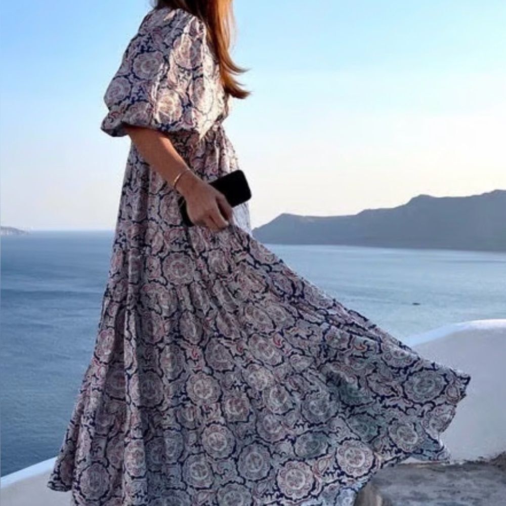 NWT Mango x Chufy Soller Boho Maxi Tiered Dress Puff Sleeve Tassel Blue Red 4 - Picture 3 of 16